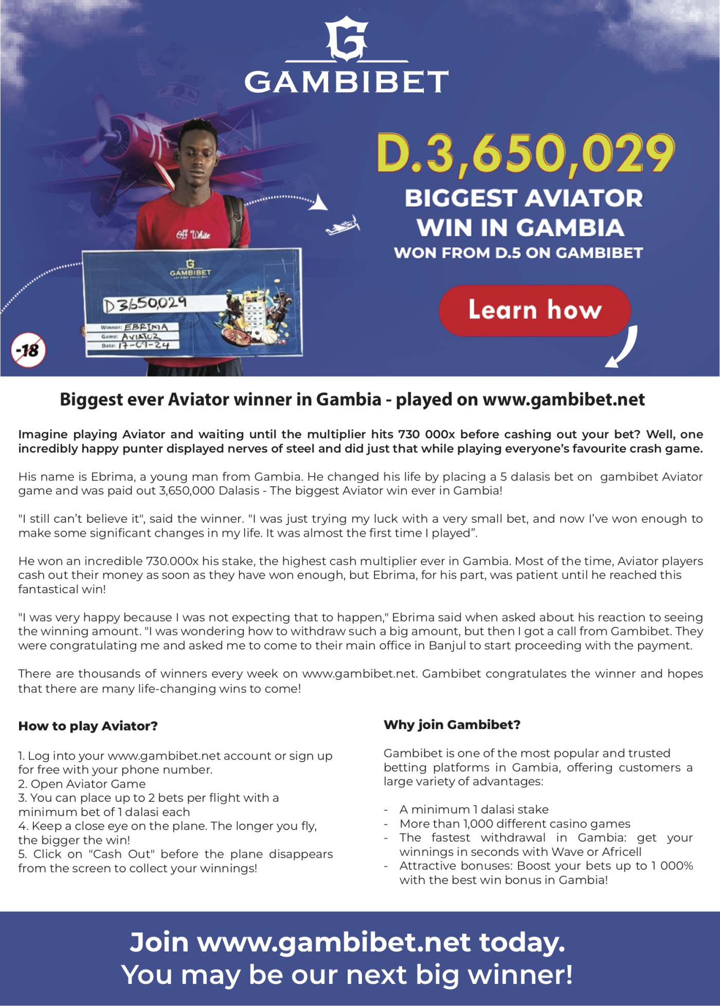 Biggest ever Aviator winner in Gambia - played on gambibet