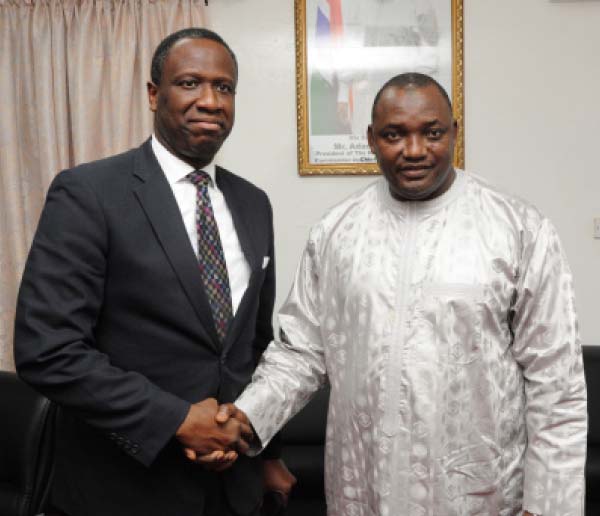 Standard Chartered CEO Olukorede Adenowo pays a courtesy call to HE President Adama Barrow